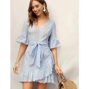 Bell Sleeve Pephem Belted Wrap Dress